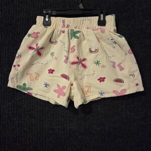 Cream Pink Blue Western Floral Graphic Shorts Stretchy Small Cotton Blend
